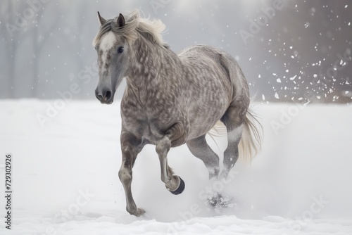 dapple grey horse running in snow, flakes stirred by movement