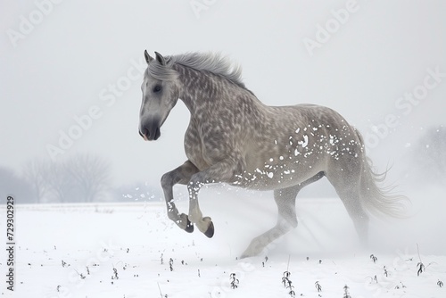 dapple grey horse running in snow, flakes stirred by movement
