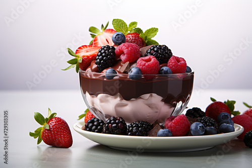 The dessert featuring berries and chocolate appears to be a sweet and colorful treat  suitable for a snack or after-dinner indulgence. Image for Cafe and Restaurant Menus