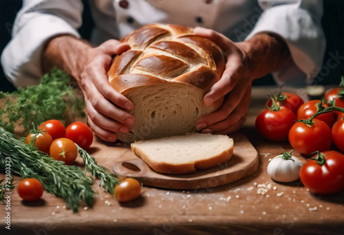 L'Arte del Pane- Chef presenta una Treccia Appena Sfornata su Tavolo di Legno, Circondato da Ingredienti Freschi photo