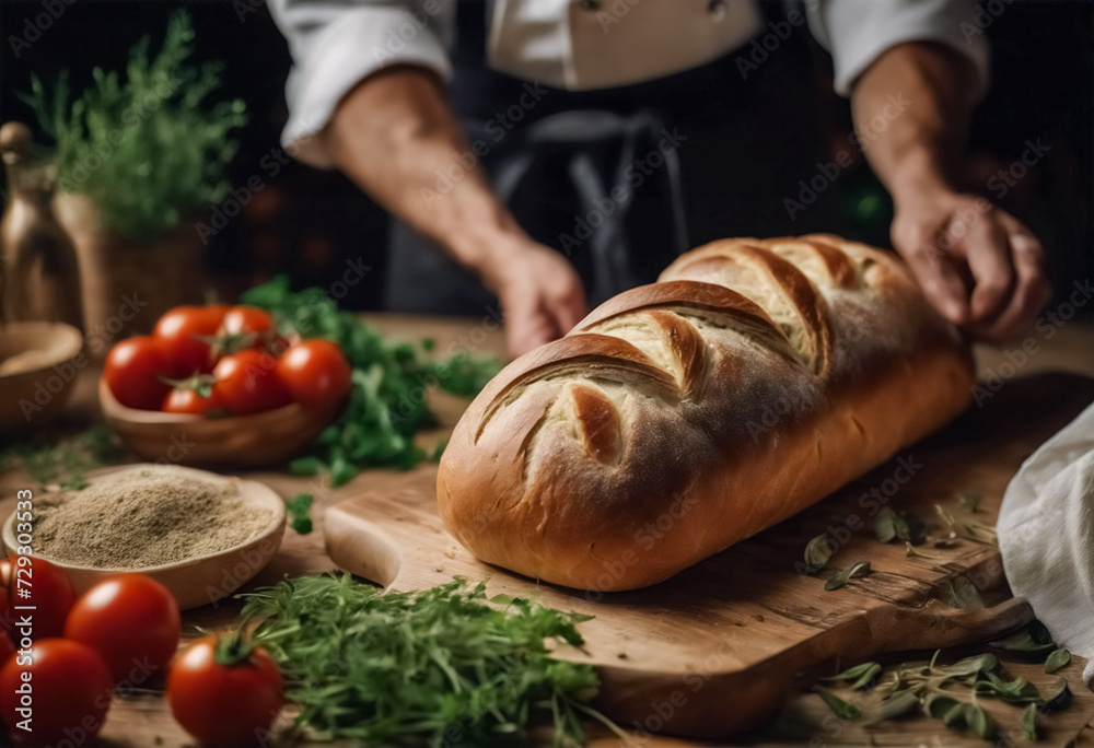 Tradizione in Cucina- Chef Mostra una Deliziosa Treccia di Pane Fresco, Accanto a Pomodori e Erbe Aromatiche
