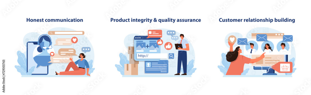 Brand Authenticity Illustrative Set. Delivers insights on honest communication, product integrity and quality assurance, and building customer relationships for brand trust. Flat vector illustration. Brand Authenticity Illustrative Set. Delivers insights on honest communication, product integrity and quality assurance, and building customer relationships for brand trust. Flat vector illustration.