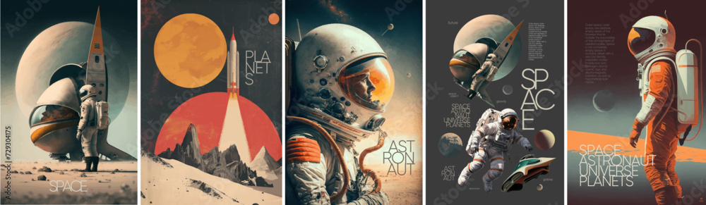Space, astronaut and science fiction. Vector illustrations of universe, rocket, spaceship, planet, future, for background, poster or cover	
 - obrazy, fototapety, plakaty 