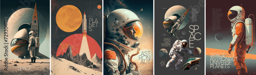 Space, astronaut and science fiction. Vector illustrations of universe, rocket, spaceship, planet, future, for background, poster or cover 