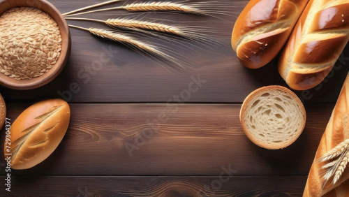 Freshly baked assorted breads and ears of wheat lie on a wooden tabletop.