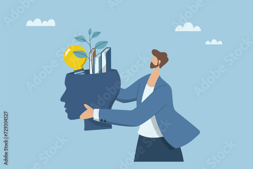 Increasing skills, Knowledge and abilities for oneself, Self development concept,  Professional learning, Businessman is taking care of a tree growing from himself. Vector design illustration.