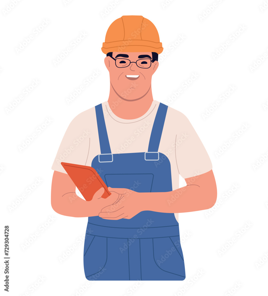Social integration concept. A happy man with down syndrome is standing in a helmet and suit. A young man with Down syndrome works in an industrial enterprise. Social integration concept. A happy man with down syndrome is standing in a helmet and suit. A young man with Down syndrome works in an industrial enterprise.