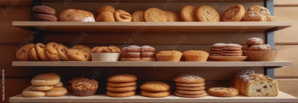 A variety of freshly baked bread lying on wooden shelves.