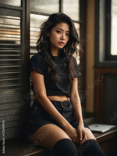 Beautiful Asian Girl seated by a window, wearing a black outfit