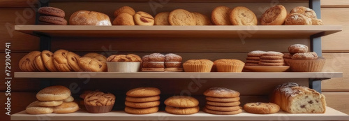A variety of freshly baked bread lying on wooden shelves.