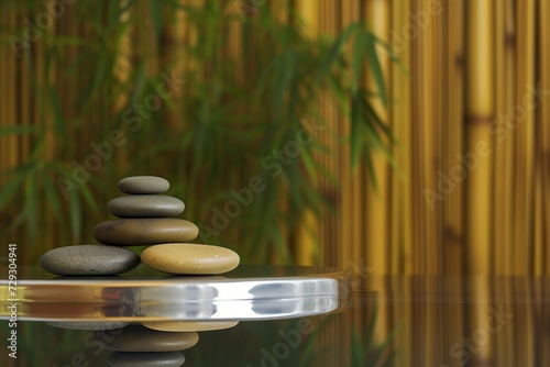shiny podium with spa stones, bamboo backdrop gently out of focus