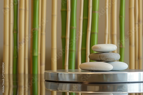shiny podium with spa stones  bamboo backdrop gently out of focus