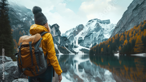 A hiker with a backpack admires the reflective waters and snow-capped peaks of a mountain lake.