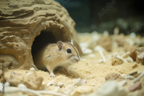 gerbil emerging from a burrow in a sandy terrarium habitat