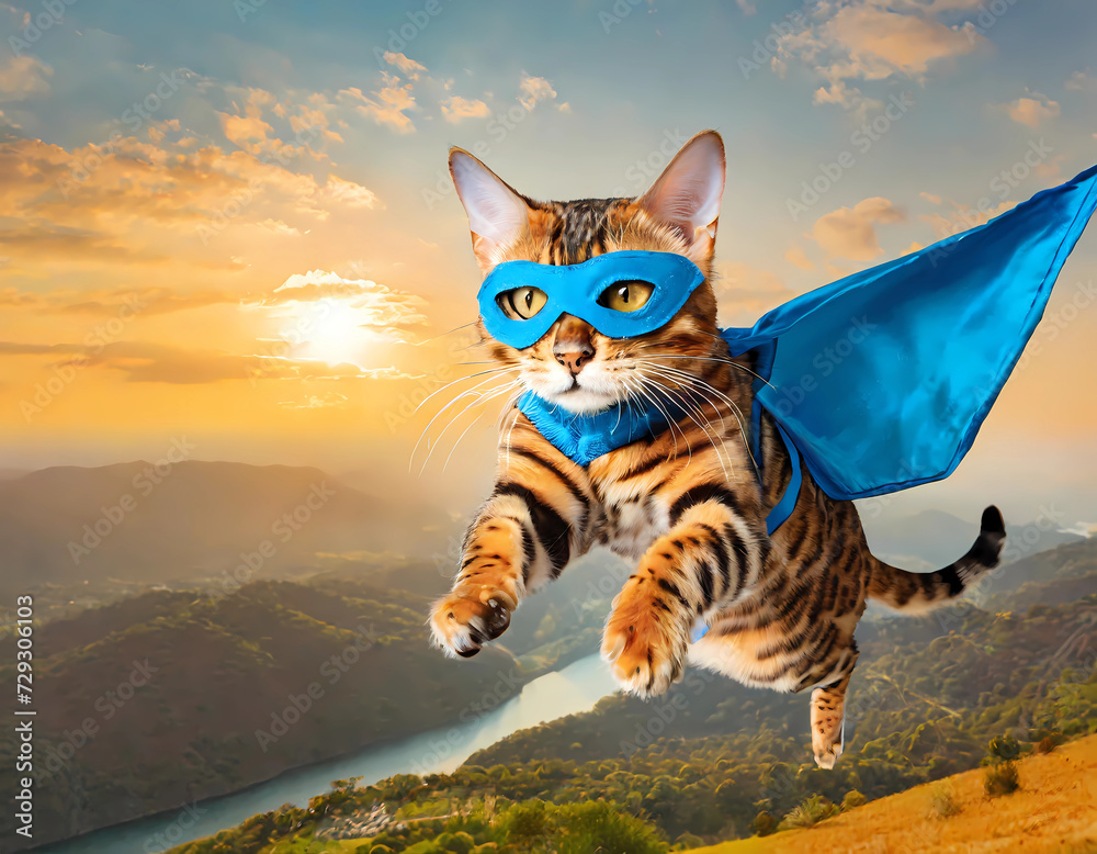 Obraz premium Cool Cat, Superhero cat is flying trough the air with a blue and red cape, funtatic, fantasy, power, powercat