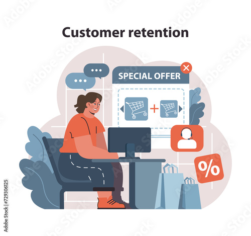 Customer retention concept. Woman at desk exploring online deals, attracted by special offers and discounts. Engaging digital shopping experience. Flat vector illustration.