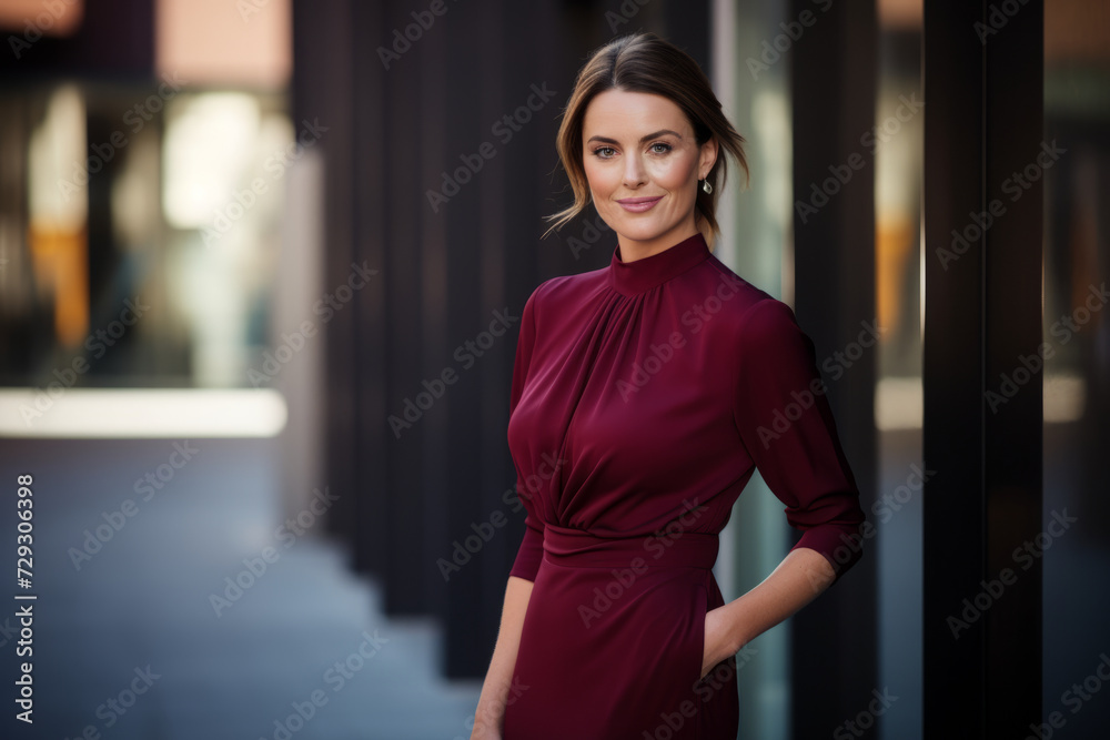 Stylish businesswoman in a maroon shift dress and matching belt, posing in front of a city's modern skyline