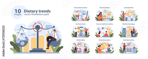 Dietary Trends Vector Illustrations Pack. A contemporary depiction of modern nutrition concepts including personalized diets, plant-based eating, sustainable choices, tech in nutrition. Flat vector.