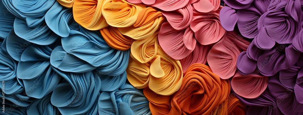 Beautiful abstract decorative wide panoramic wall paper image with crafted colorful natural 3D design with artificial clay and fabric materials. Beautiful abstract decorative wide panoramic wall paper image with crafted colorful natural 3D design with artificial clay and fabric materials.