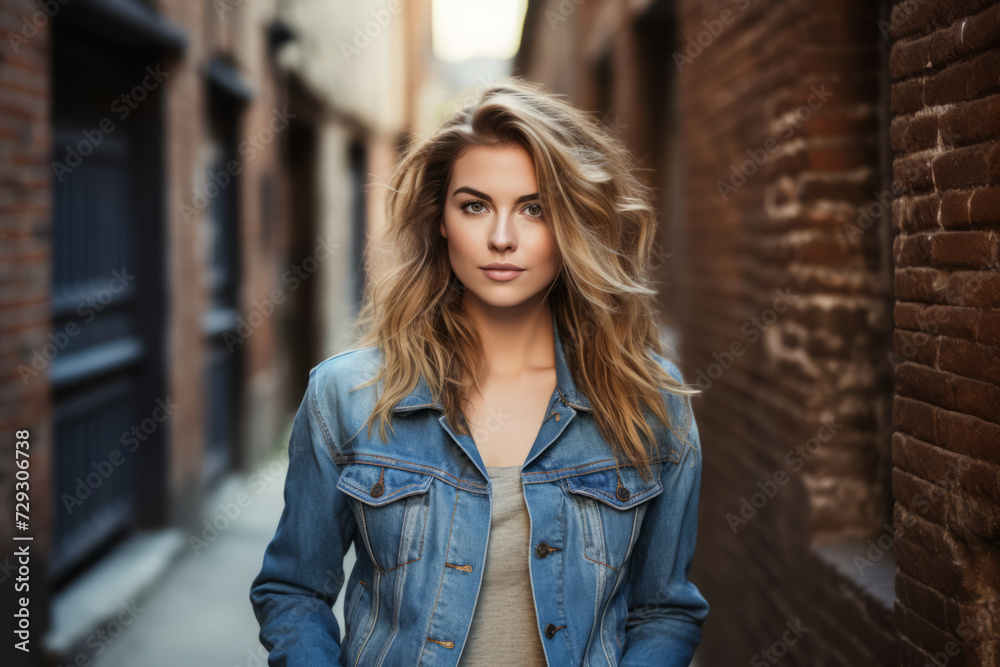 Fashion-forward woman in a denim jacket, exuding confidence against a city's rustic backdrop