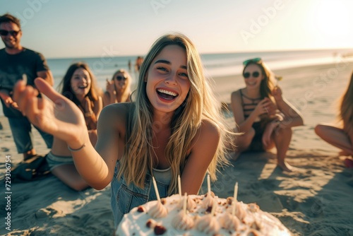 a young good-looking athletic muscular cheerful female bodybuilder celebrating a birthday party at the beach with friends eating cake and drinking cocktails