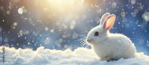 White rabbit is sitting on snow blurred background. AI generated image