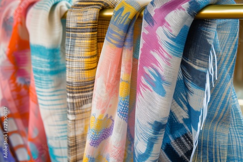 woven scarves with abstract spring patterns on a brass rack