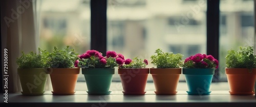 Colorful flowerpots lined up in front of a window.