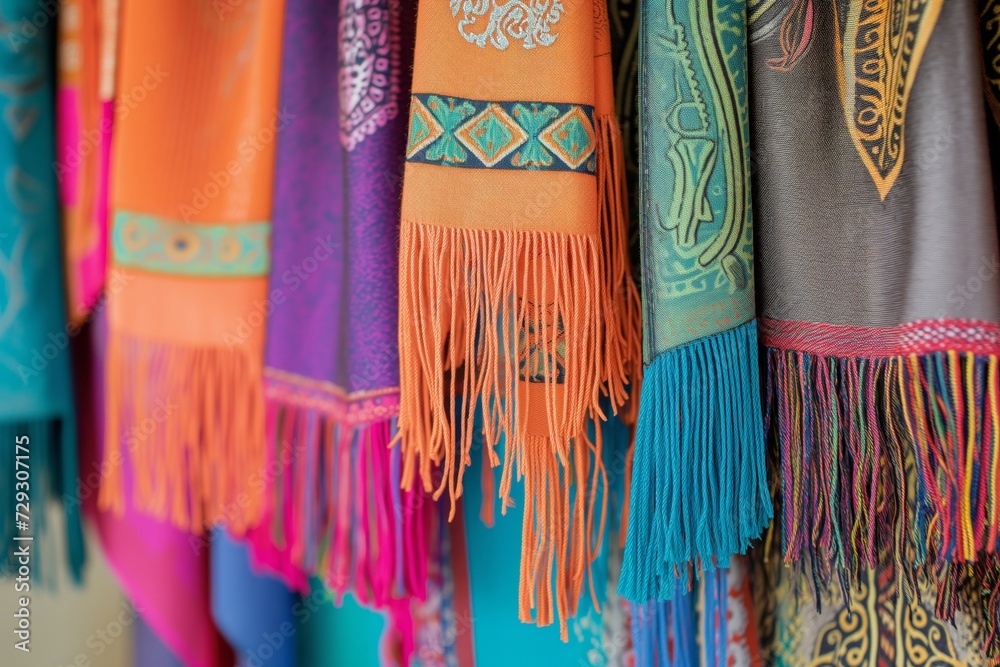brightly colored scarves with tassel fringes hanging indoors