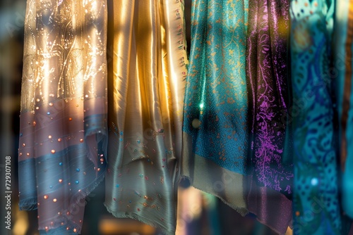 shimmering scarves catching sunlight in a store window display photo