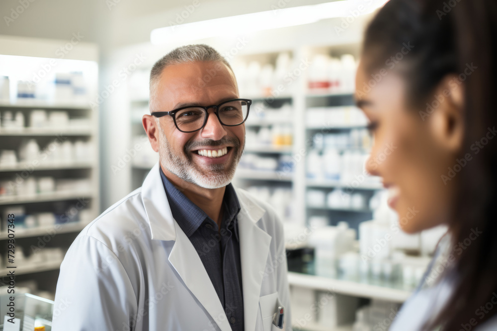 Pharmacist Providing Professional Advice to a Customer in a Well-Organized Pharmacy, Medicines Neatly Arranged in the Background