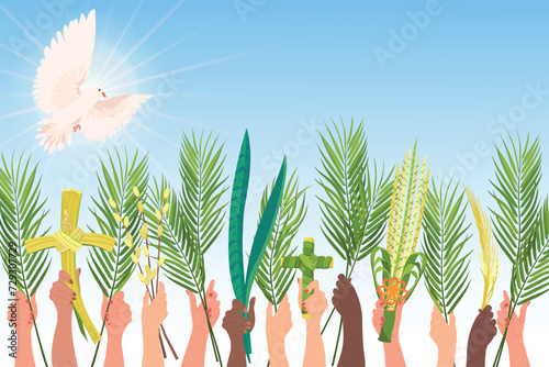 Palm Sunday celebrations. Hands of people of different nationalities are raised with palm branches, sansevieria and a cross. White dove in the sky, the embodiment of the holy spirit. Vector. Cartoon.