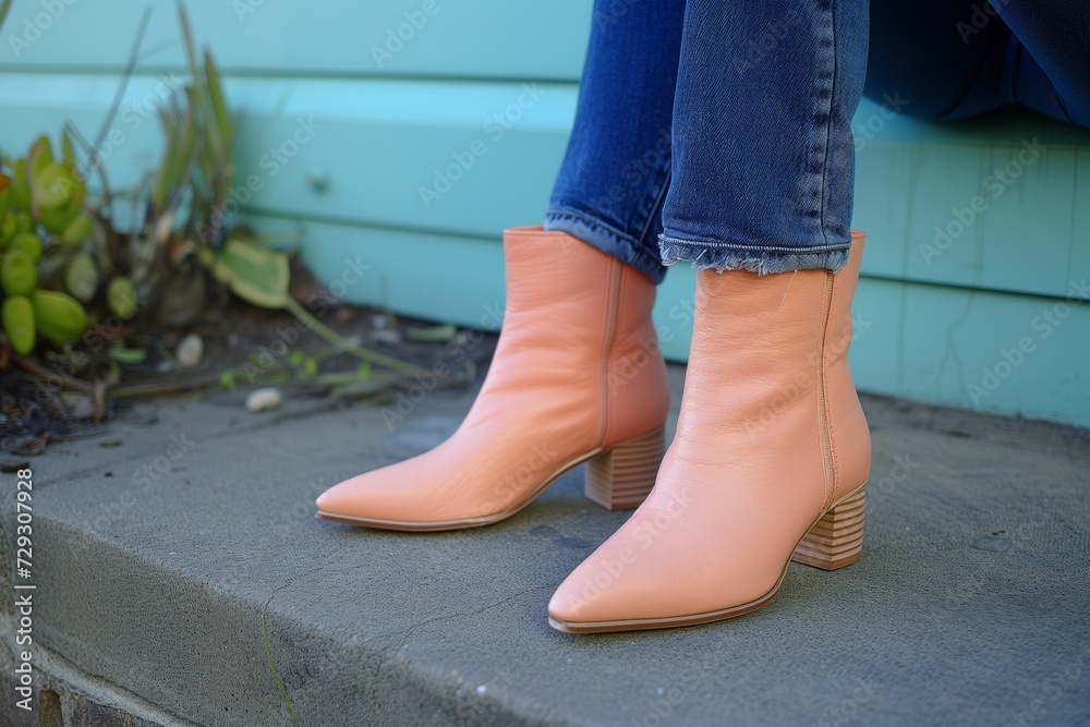 ladys feet in peach ankle boots