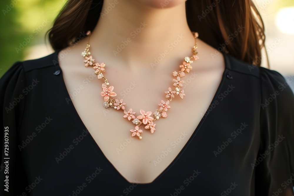 woman wearing peach statement necklace