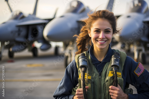 A Glimpse into the Life of a Brave Female Crew Member on an Aircraft Carrier, Surrounded by Fighter Jets