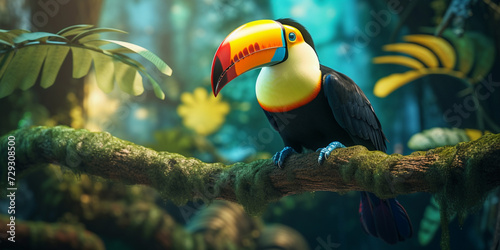 Fototapeta Beautiful colorful tropical toucan from the rainforest with its iconic yellow orange beak sitting down