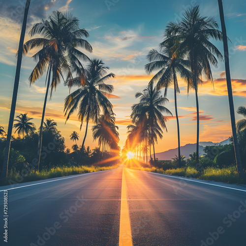 Scenic view of palm trees and sea on background of spectacular sundown.