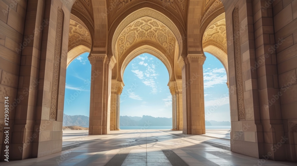 A close-up view of elegant Arabian arches against a clear blue sky. Ramadan Kareem background with mosque arch. Islamic greeting Eid Mubarak cards for Muslim Holidays festival celebration.