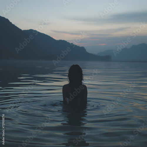 back view of unrecognizable female silhouette standing in rippling sea water and looking over mountains 