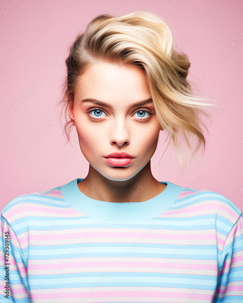 Close-up, chic young woman, short hair, modern bangs, striped sweater, pink background.