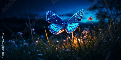 A group of blue butterflies in a dark forest .
 photo