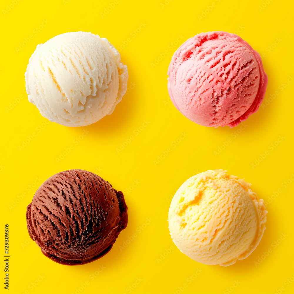 Set of various ice cream scoops isolated on yellow background. Top view. Vanilla, strawberry and chocolate