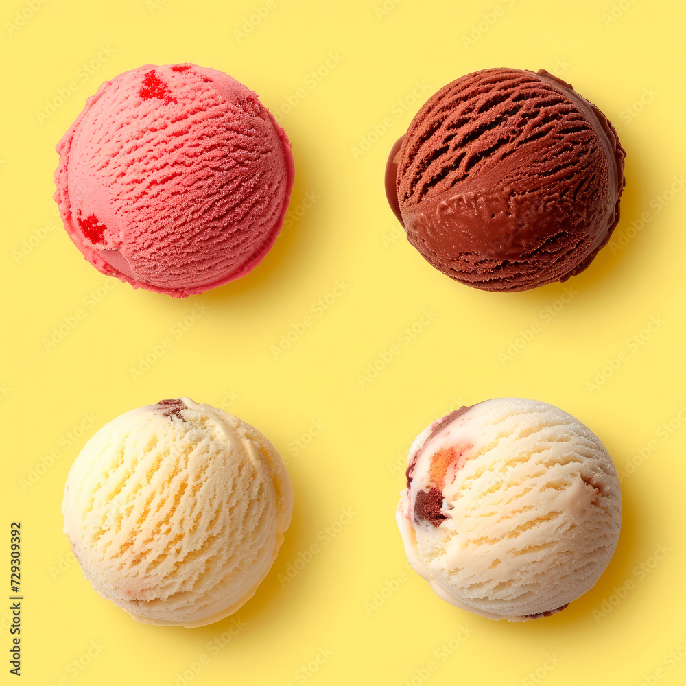 Set of various ice cream scoops isolated on yellow background. Top view. Vanilla, strawberry and chocolate Set of various ice cream scoops isolated on yellow background. Top view. Vanilla, strawberry and chocolate