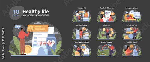 Healthy Life set. A compilation showcasing habits for wellness. Balanced diet, hydration, relaxation, and exercise themes. Vector illustration.