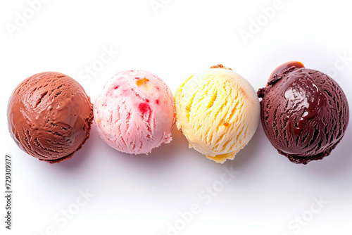 Set of various ice cream scoops isolated on white background. Top view. Vanilla, strawberry and chocolate