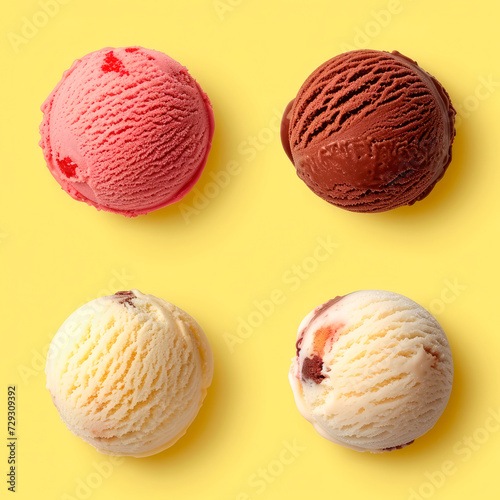 Set of various ice cream scoops isolated on yellow background. Top view. Vanilla, strawberry and chocolate