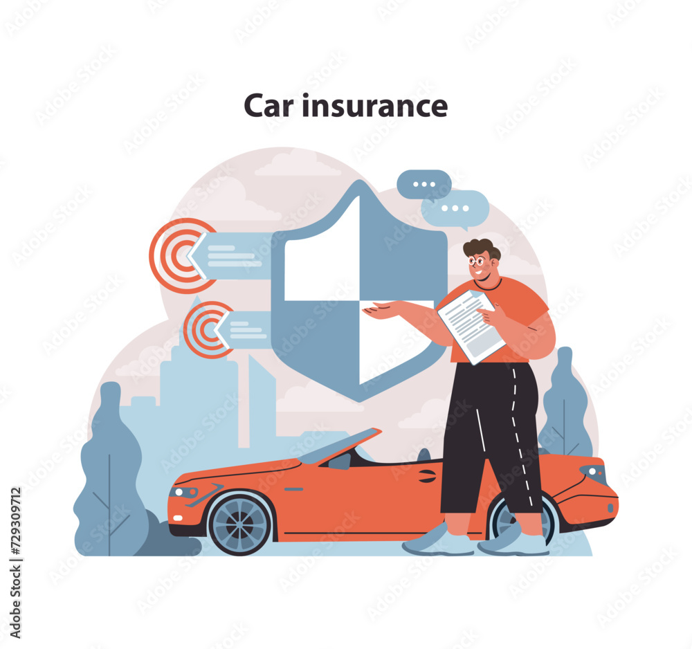 Car insurance concept. Driver examines vehicle protection plan, ensuring safety on the road. Comprehensive auto coverage in urban setting. Flat vector illustration.