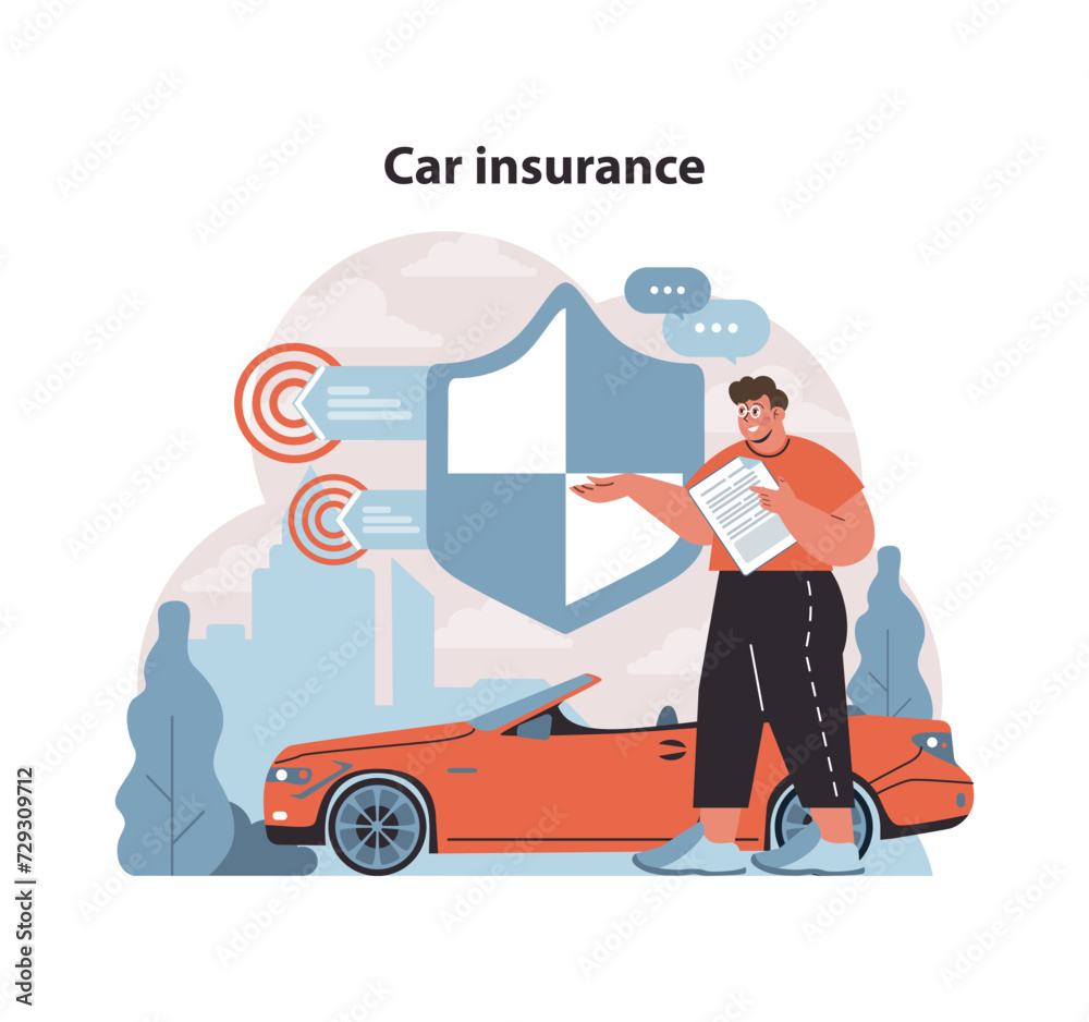 Obraz premium Car insurance concept. Driver examines vehicle protection plan, ensuring safety on the road. Comprehensive auto coverage in urban setting. Flat vector illustration.