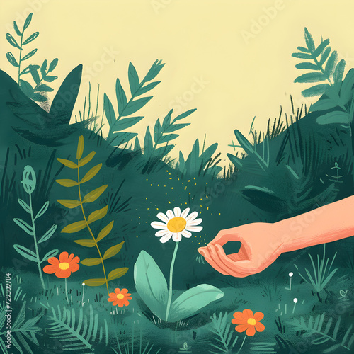 illustration of Hand Picking Flower in Nature