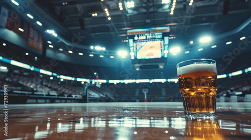 Cinematic wide angle photograph of a beer pint glass ar a basketball court. Product photography.